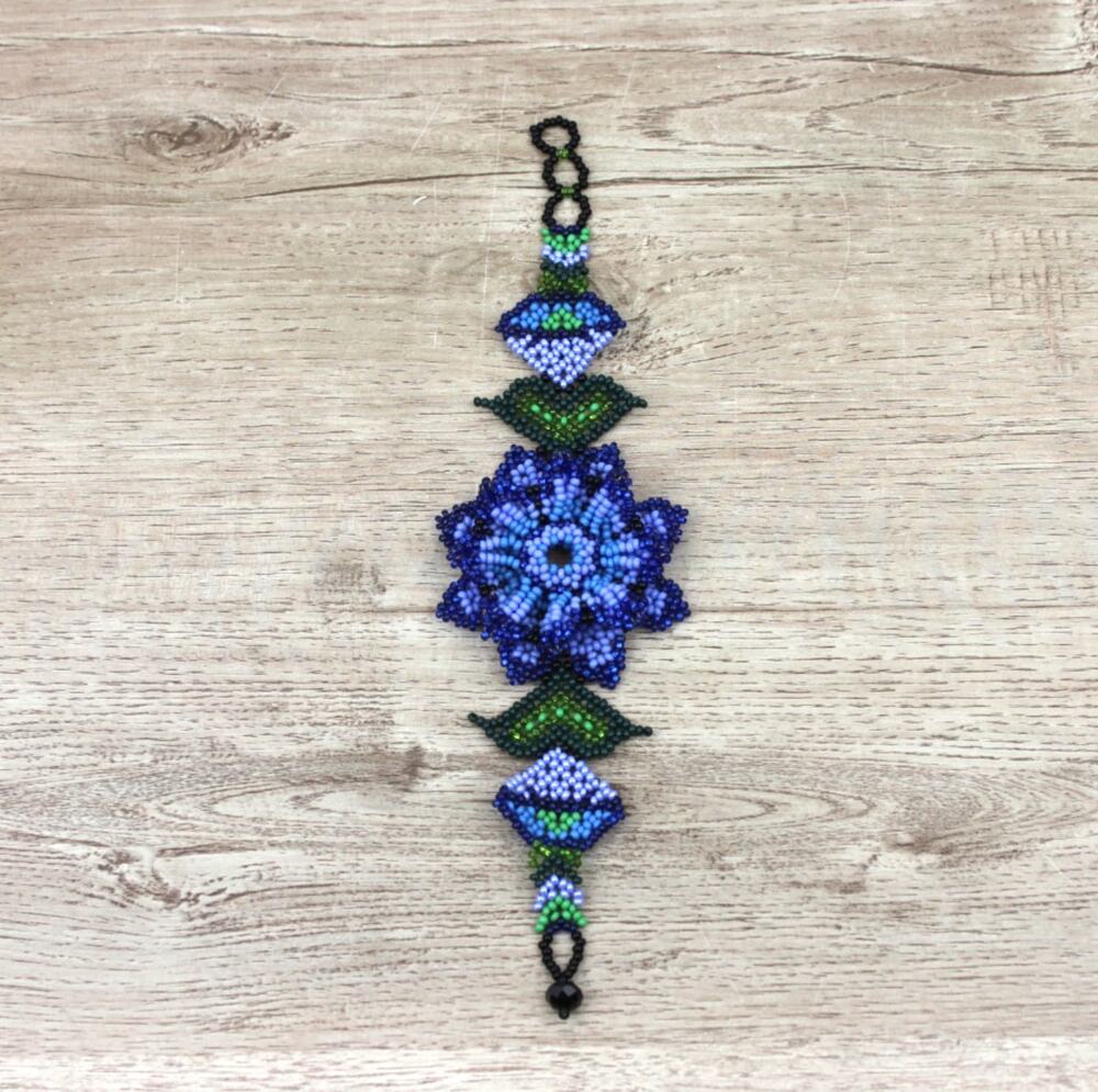 HUICHOL Turquoise Blue Green BEADED bracelet handmade MEXICAN FOLK ART FLOWER